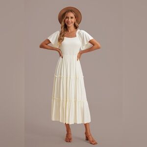 Cream Puff Short Sleeve Square Neck Smocked Tiered Midi Dress